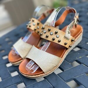 Sheridan Mia Studded Leather Platform Wedge Sandals Cork Pearl Slingback